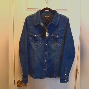 True Religion Blue Denim JACKET / Shirt BRAND NEW size LARGE medium wash WOMENS